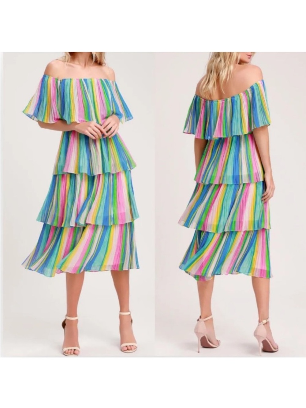 Lulus Gala Ready Multi Stripe Print Off-the-Shoulder Ruffle Midi Dress